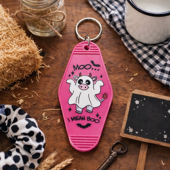 Hand Crafted Accessories - 3/$15 • Moo I Mean Boo Cow Ghost Keychain • Halloween Cute Retro Motel Tag